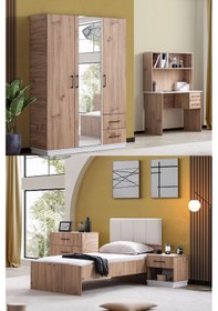 Resim Genç Odası Efes 3 Kapaklı Dolap,karyola,çalışma Masası,şifonyer,komodin Ceviz Krem Ceviz 