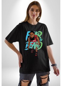Resim Sakaldan Korkmak Yazılı Basketbol James Harden Star Pamuklu Bisiklet Yaka Unisex Oversize Boyfriend Dijital Baskılı Siyah T-shirt Siyah 