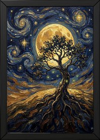 Resim Tree of Life Full Moon Print - Van Gogh-Style Mystical Spiritual Wall Art - With Hanger - White / 20 x 28" (50x70 cm) 