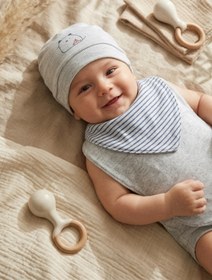 Resim Babydonat Lumi Marin 3'lü Bebek Seti - %100 Pamuklu Çizgili Bandana Mama Önlüğü, Çıtçıtlı Önlük Ve Kedi Nakışl 