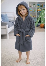 Resim Luna Soft Kız / Erkek Çocuk Kapşonlu Pamuklu Bornoz Peluş Sabahlık 7/8 Yaş Koyu Gri 