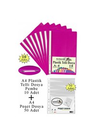Resim Telli Dosya Plastik A4 10 Lu Ve Poşet Dosya 50 Li 1 Paket Ekonomik Kaliteli Şeffaf Kapak Telli Dosya Okul Büro Ofis Pembe 