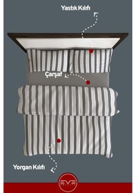 Resim Saten Çizgili Çift Kişilik Lüks Nevresim Takımı Set 200x200 Cm Gri 