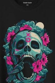 Resim Sugar Skull Skeleton Rose Kuru Kafa Gül Baskılı Tişört Unisex T-Shirt 