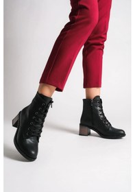 Resim Dıana Bağcıklı Fermuarlı Ortopedik Taban Topuklu Kadın Bot Cst - Siyah Siyah 