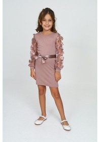 Resim Belden Bağlamalı Tül Detaylı Çocuk Elbise Mykids Collection Pudra 