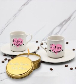Resim En İyi Anne Kalp Baskılı 2'li Türk Kahve Fincanı & Metal Mum Hediye Seti Anneye Hediye T3 