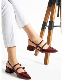 Resim Albishoes Kadın Kare Topuklu 5 Cm Rugan Arkası Açık Sivri Burun Ayakkabı Alçak Topuk Kadın Ayakkabı Bordo 