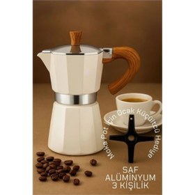 Resim shopwave Italyan Moka Pot - 6061 Saf Alüminyum Ahşap Saplı - 3 kişilik KREM 