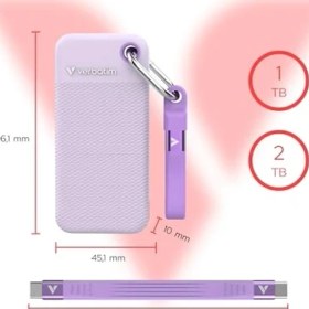 Resim Verbatim Pocket SSD 2 Tb, Harici SSD USB 3.2 Gen 2, 1000 Mb/s'ye Kadar Okuma ve Yazma, Harici Sabit Sürücü Dahil. 2 Lastik Kılıf (Beyaz ve Mor), Pc, Mac ve Konsol Için, Mor 