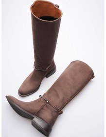 Resim Kadın Süet Çizme Tokalı Kalın Topuklu Kahve Miretta Kahverengi 