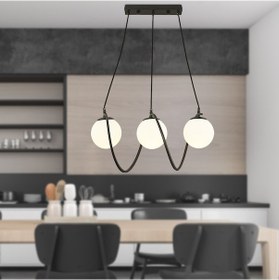 Resim Jarry 3Lü Beyaz Camlı Siyah Modern Tasarım Yemek Masası Üstü Salon Avize 