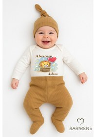 Resim Babyden's Abisinin Aslanı Yazılı 3 Lü Bebek Takımı Uzun Kollu Çıtçıtlı Body,fitilli Patikli Pantolon Şapka Set Açık Kahverengi 