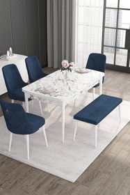 Resim Canisa Noa Serisi 80x132 Açılabilir Mdf Beyaz Mermer Desen Masa Takımı 4 Lacivert Sandalye Ve 1 Bench 