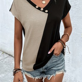Resim Düğme Detaylı Renk Bloklu V Yaka Kısa Kollu T-Shirt 