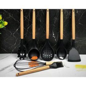 Resim Morponi 7 Parça Bambu Saplı Silikon Kepçe Spatula Mutfak Seti Siyah 
