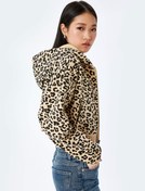 Resim Şardonlu Leopar Desenli Kapüşonlu Fermuarlı Crop Sweatshirt 