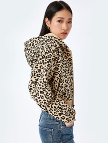 Resim Şardonlu Leopar Desenli Kapüşonlu Fermuarlı Crop Sweatshirt 