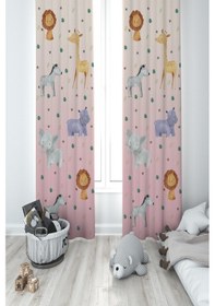 Resim Mekta Home Bebek Ve Çocuk Odası Safari Desenli Pembe 2 Kanat Fon Perde 