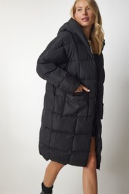 Resim Happiness İstanbul Kadın Siyah Kapüşonlu Oversize Şişme Kaban HK00027 