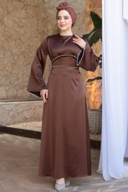 Resim N.S NEVA STYLE Saten Kahverengi Tesettür Abiye Elbise 61592KH 