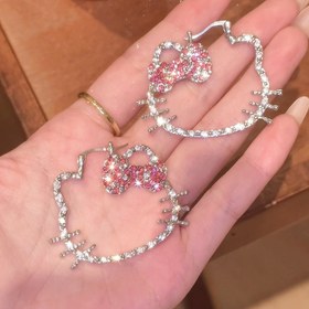 Resim Sanrio KT Kedi Retro Tam Gümüş Halka Küpeler - Kadınlar İçin Şirin Dekoratif Aksesuar 