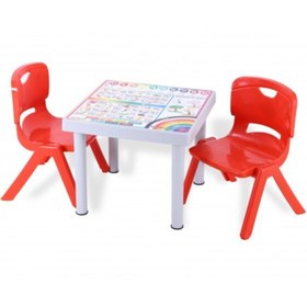 Resim Sağlam Plastik Mandella Rubi Ingilizce Desenli Çocuk Masası 2 Adet Nova Orta Çocuk Koltuk Kırmızı 