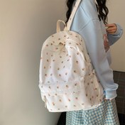 Resim Kadınlar için Harajuku INS Tarzı Çiçek Desenli Sırt Çantası - Ayarlanabilir Askılı, Makinede Yıkanabilir Polyester Kolej Okul Çantası, Pembe Çiçekler ve Yeşil Yapraklar Tasarımlı Beyaz Renk, Günlük Kullanım, Japon Esintili Moda, Fermuarlı Kapama, Şık ve Dayanıklı Kumaş, Genç Kadınlar İçin Trendy Gündelik Çanta 