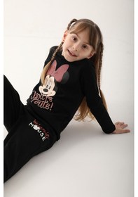 Resim Minnie Mouse Siyah Kız Çocuk Uzun Kol Pijama Takım Siyah 
