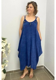 Resim Büyük Beden Lacivert Pamuklu Şalvar Kesim Çiçekli Elbise Lacivert 