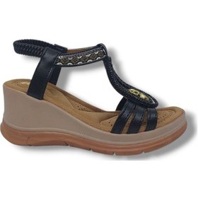 Resim İzlife 137 Kadın Siyah Lastikli Taşlı Tokalı Dolgu Taban Sandalet Ayakkabı Siyah 