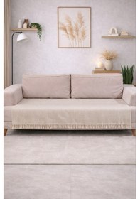Resim 2 Adet Pamuklu Koltuk Örtüsü 115x200 Cm Çekyat Ve Kanepeler İçin Koruyucu Önden Saçaklı Kaymaz Bej 