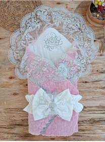 Resim Tomuycuk Kışlık Bebek Dış Kundak Battaniyesi Dantelli Pembe Bebek Kundağı Unisex Hastane Çıkışı Mevlütlük 