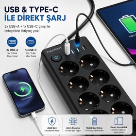 Resim 10 Lu Akım Korumalı Çoklu Priz 3 USB-A 1 USB-C Girişli Anahtarlı 3680W 16A Aç Kapa Tuşlu 2 Metre Kablolu Priz 