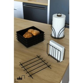 Resim Alsi Home Lüx 4lü Servis Sunum Seti ve Ekmek Sepeti Havluluk Peçetelik Nihale Ekmeklik Siyah Paslanmaz Set 