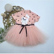 Resim 1-2-3 Yaş Payetli Kedicik Baskılı Puantiyeli Kız Bebek Elbisesi Pudra Pudra 