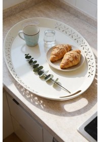 Resim Oval Metal Servis Ve Sunum Tepsisi, Büyük Tepsi, Çay Kahve Tepsisi Krem 