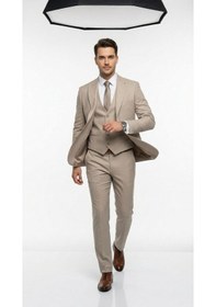 Resim Erkek Slim Fit Takım Elbise Yelekli Modern Kesim Likralı Esnek Kumaş Kırışmaz Şık Düğün Davet Takımı Bej 