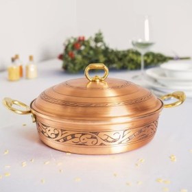 Resim Bakır Pilav Tenceresi Oyma Nakış İşleme Mat Bakır Renk 25 Cm 