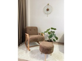 Resim Kahve Sallanan Ahşap Berjer Koltuk Puf Hediyeli 