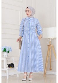 Resim Sevitli Çizgili Cepli Tesettür Elbise-mavi-5137 Mavi 