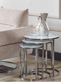 Resim 3' Lü Beyaz Mermer Temperli Cam Nikel Metal Sehpa 