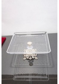 Resim Argkristal Madlen Kare Servis Ve Sunum Tabağı Gümüş Detaylı Metal Ayaklı 24x24x14 Gümüş 