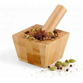 Resim Bambu Havan ve Tokmak Seti, Mutfak Havanı, Baharat ve Sarımsak Öğütücü ve Döveceği (Kare) 