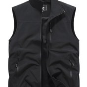 Resim Erkekler için Yüksek Kaliteli Polyester Kolsuz Yelek - Günlük Dış Mekan Çok Cepli Tasarım, Düz Siyah File Astarlı & Fermuarlı İlkbahar/Sonbahar için 