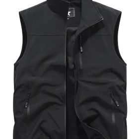 Resim Erkekler için Yüksek Kaliteli Polyester Kolsuz Yelek - Günlük Dış Mekan Çok Cepli Tasarım, Düz Siyah File Astarlı & Fermuarlı İlkbahar/Sonbahar için 