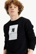Resim Siyah Bisiklet Yaka İçi Polarlı Baskılı Pamuklu Sweatshirt Kigili