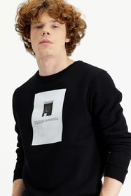 Resim Siyah Bisiklet Yaka İçi Polarlı Baskılı Sweatshirt 