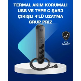 Resim HERŞEYBURDAMODA Akıllı Akım Dengelemeli 4’lü Çoklu Priz Type-C ve USB Çıkışlı 