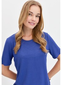 Resim Kadın Sıfır Yaka Flamlı Kumaş Penye Tshirt İndigo Indigo 
